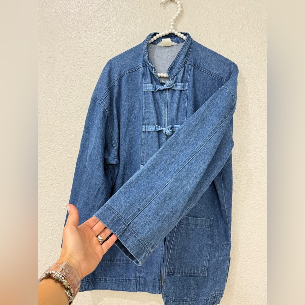 East Bay Mercantile Denim Jacket Chinese Style Frog Closure Trendy Chore Coat M - Picture 4 of 8